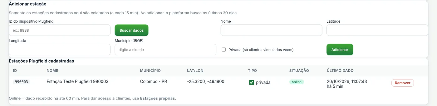 Tela de cadastro de estações Plugfield: formulário para adicionar uma estação e lista das estações cadastradas, com situação online e tipo privada