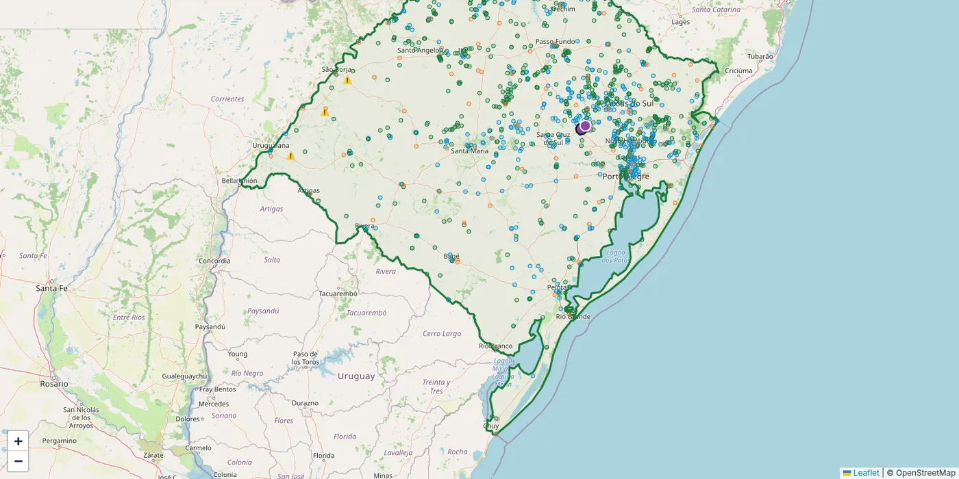 Mapa do Rio Grande do Sul com a rede de estações e uma estação própria Plugfield destacada em roxo