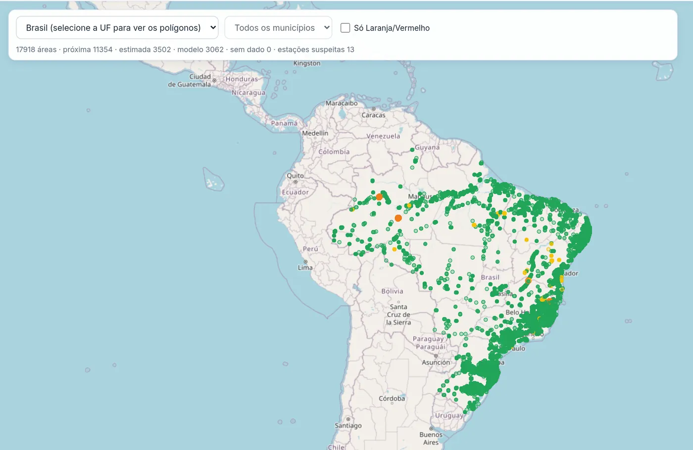 Mapa de Risco do Brasil com as áreas de risco do SGB coloridas por nível e o resumo de áreas, estações próximas, estimadas e por modelo